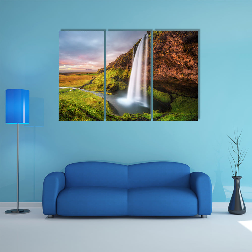 Seljalandsfoss Waterfall At Sunset In Iceland Canvas Wall Art