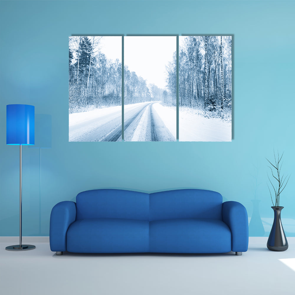 Snow Covered Open Road In Winter Canvas Wall Art