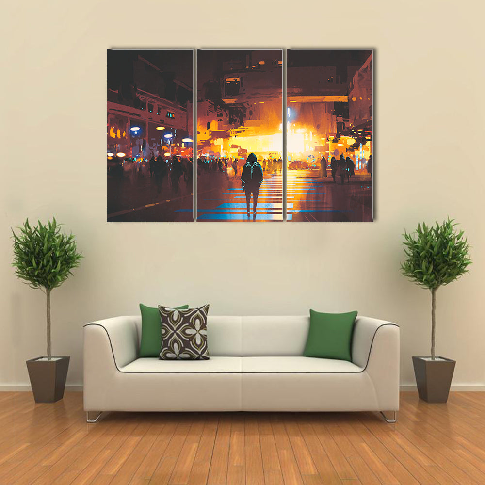 Lone Hooded Figure in Neon City Canvas Wall Art