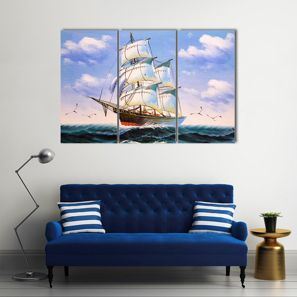 Three-masted Sailing Ship at Sea Canvas Wall Art