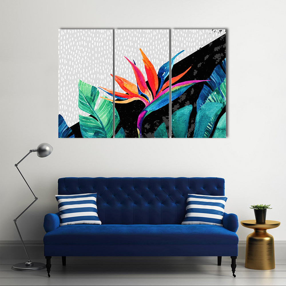 Tropical Minimalist Bird of Paradise and Monstera Canvas Wall Art