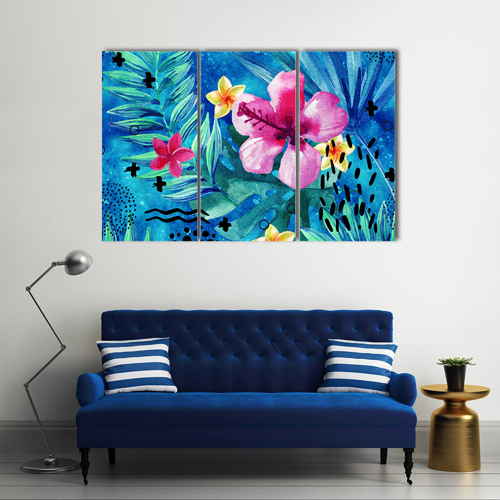 Tropical Hibiscus and Palm Leaf Pattern Canvas Wall Art