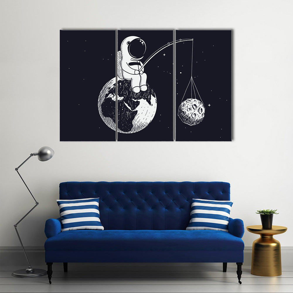 Little Astronaut Sitting on Earth Canvas Wall Art