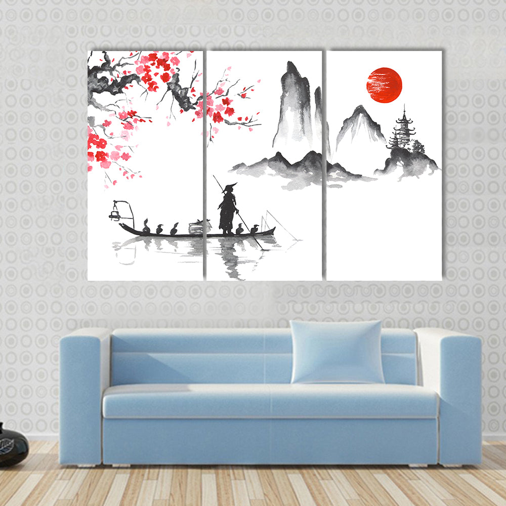 Japanese Ink Wash Fisherman at Sunrise Canvas Wall Art