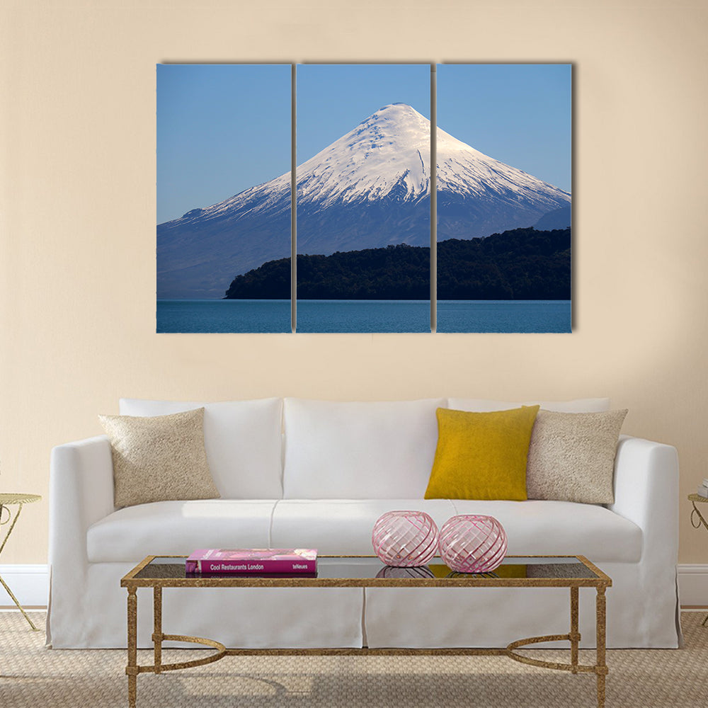 Snow-capped Volcano Over Calm Lake Canvas Wall Art