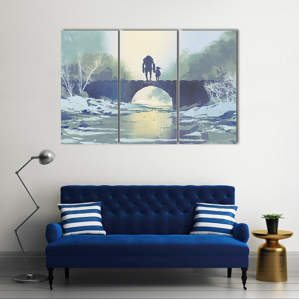 Robot and Child on Snowy Bridge Canvas Wall Art