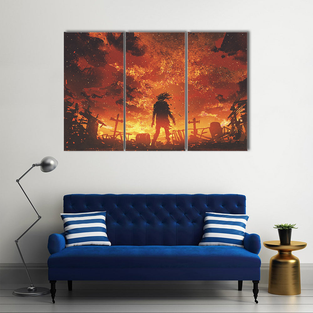 Zombie Silhouette in Burnt Cemetery Canvas Wall Art