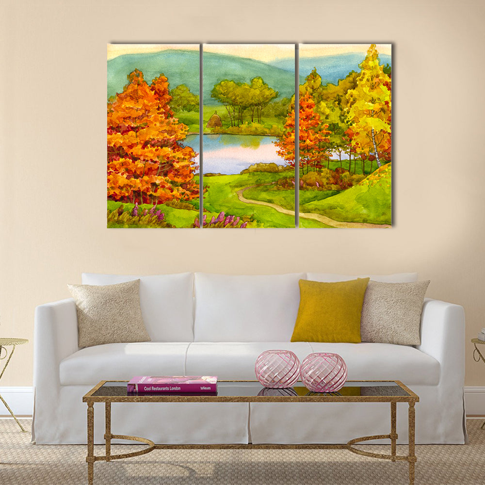 Autumn Lake with Winding Path Canvas Wall Art