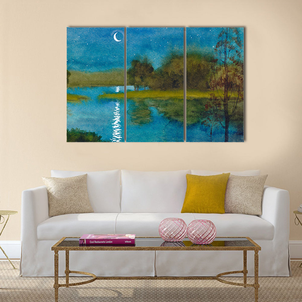 Moonlit River Watercolor Landscape Canvas Wall Art