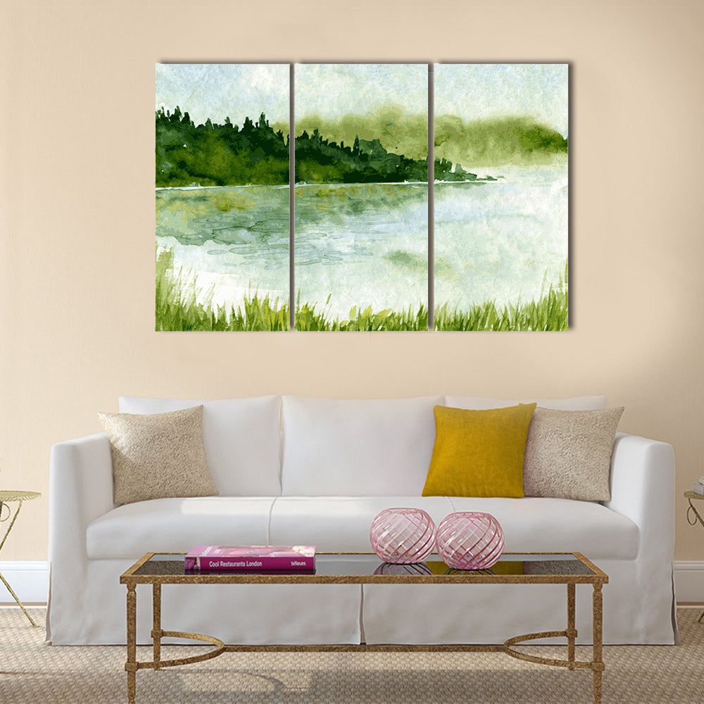 Watercolor River and Spruce Forest Canvas Wall Art