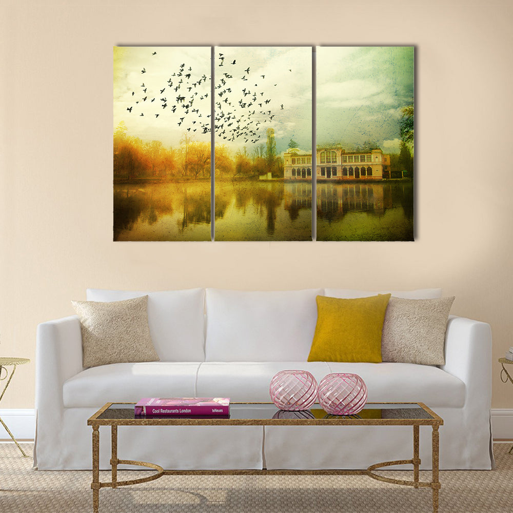 Flock Over Vintage Lakeside Mansion Canvas Wall Art
