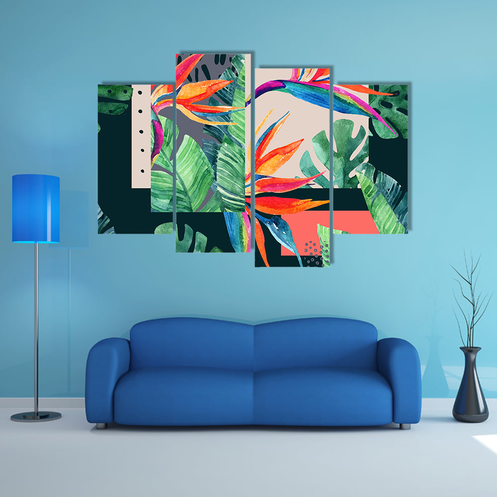 Watercolor Exotic Flowers and Tropical Leaves Canvas Wall Art