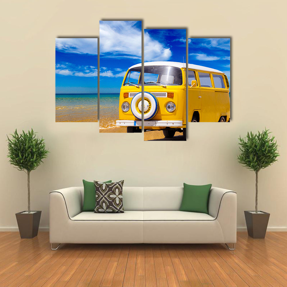 Yellow Vintage Van on Sandy Beach Canvas Wall Art