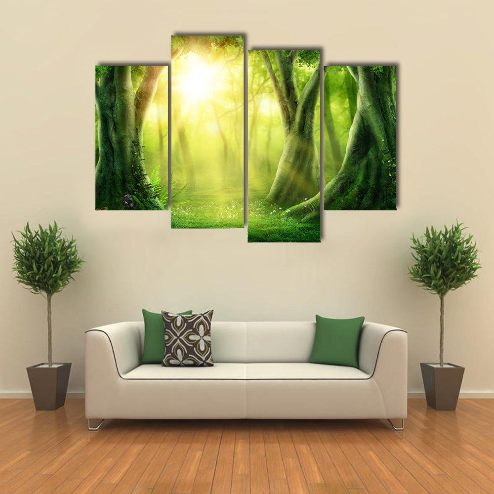 Dark Magic Forest With Sunshine Canvas Wall Art