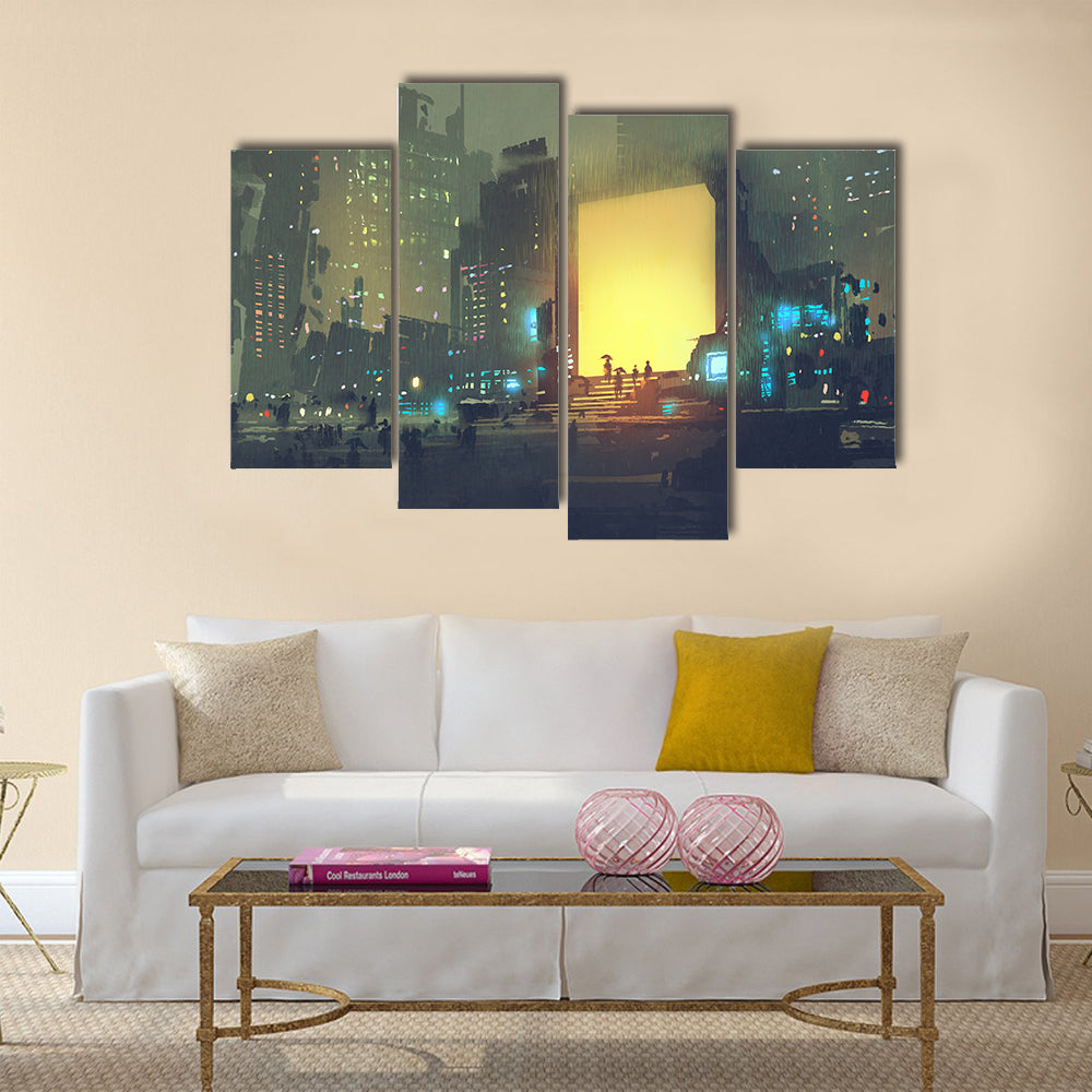 Rain-soaked Futuristic Cityscape Canvas Wall Art