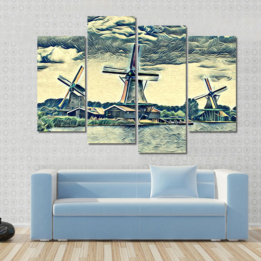 Vintage Dutch Windmills Landscape Canvas Wall Art
