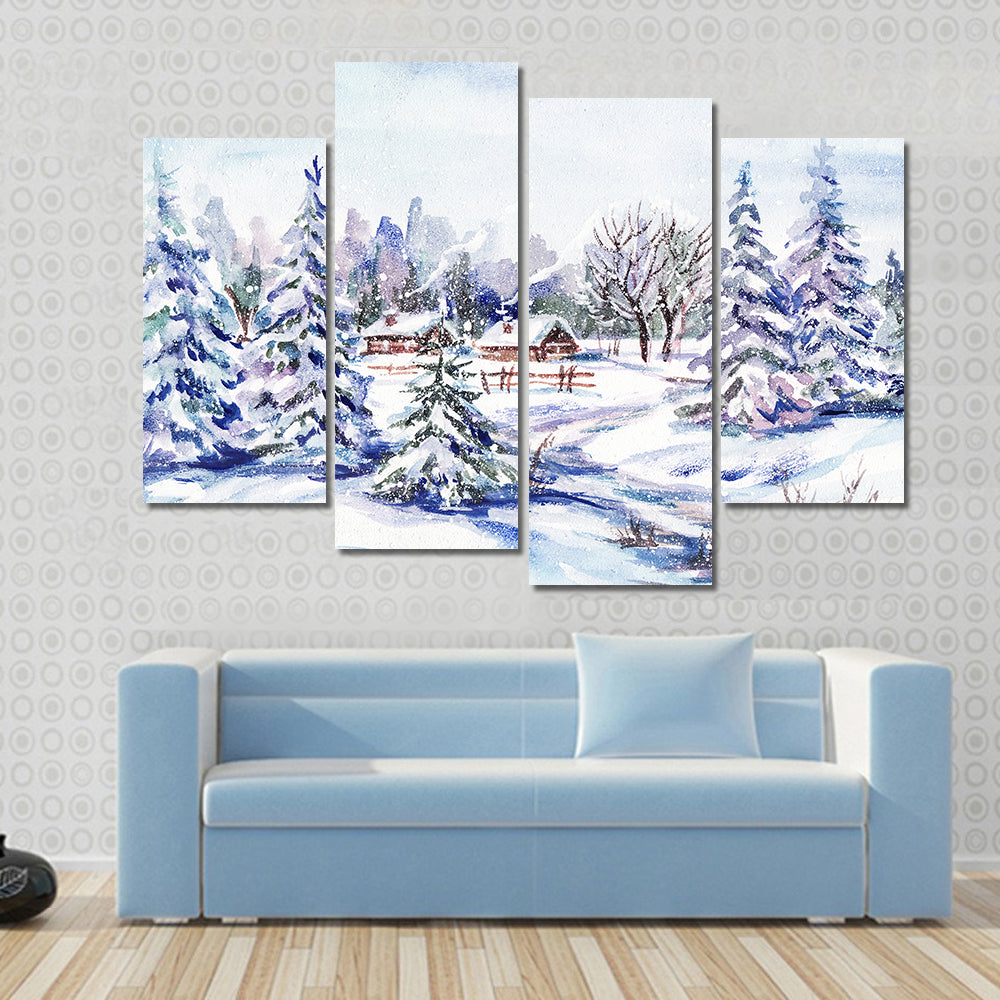 Scenic Winter Village Landscape Canvas Wall Art