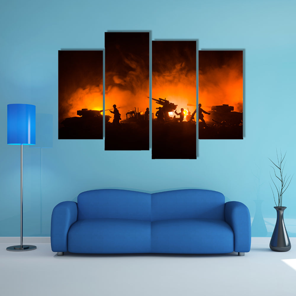 Soldier Silhouettes with Tanks and Anti-aircraft Canvas Wall Art