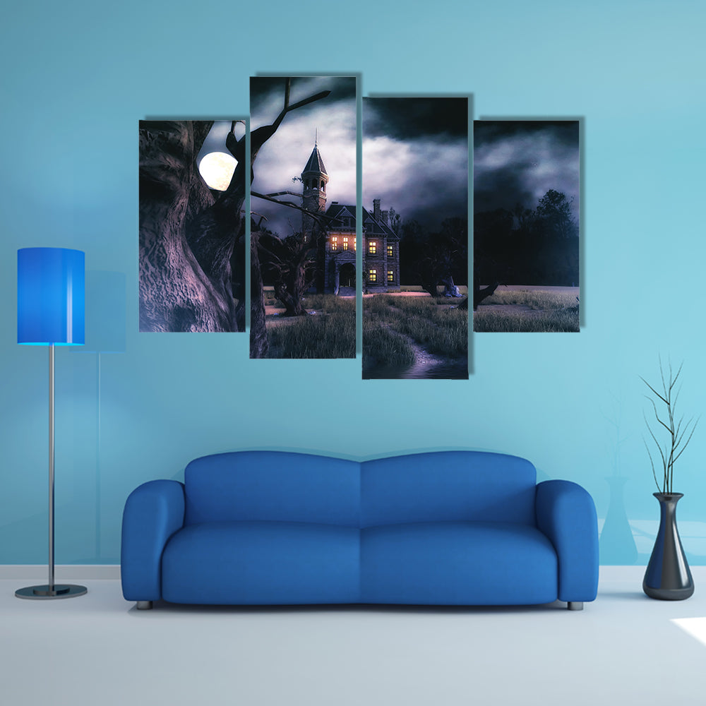 Moonlit Haunted Victorian Mansion Canvas Wall Art