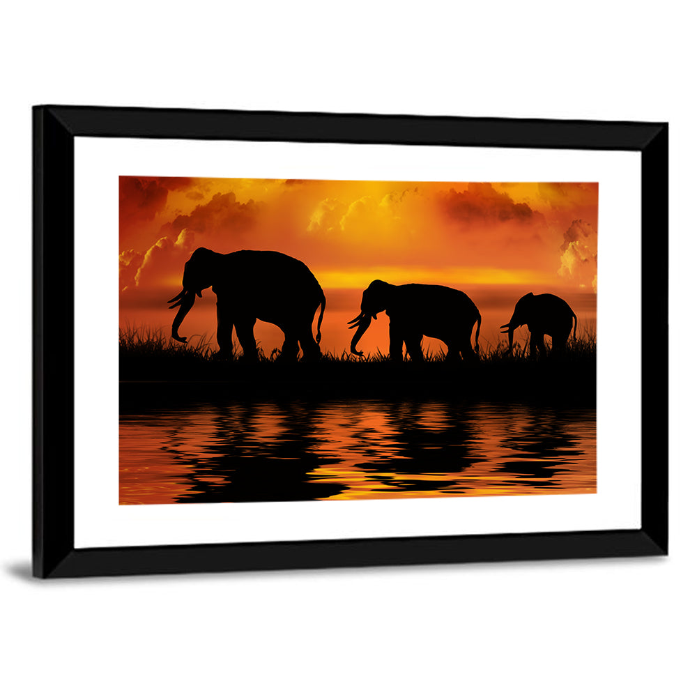 Three Elephants at Sunset Canvas Wall Art