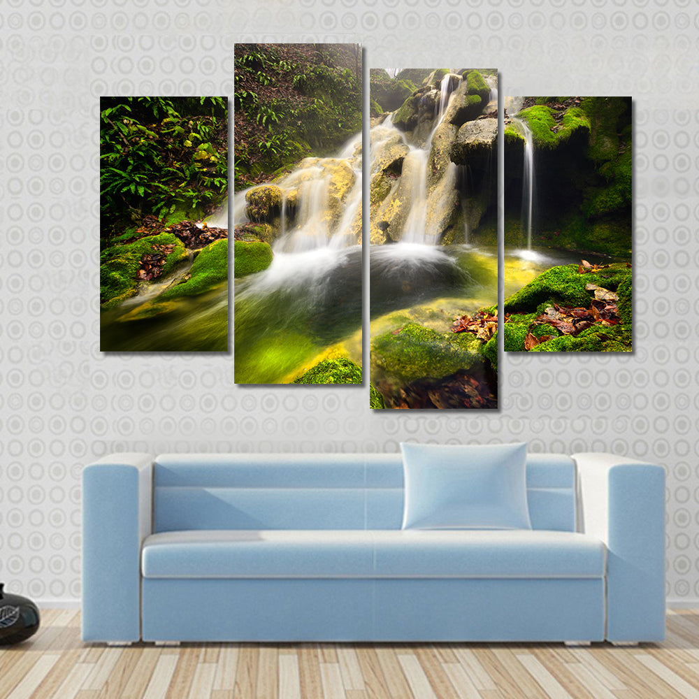 Forest Waterfall with Moss-covered Rocks Canvas Wall Art