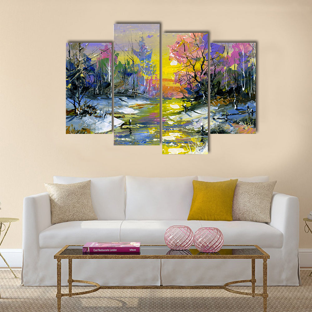 Winter Sunset River in Snowy Forest Canvas Wall Art