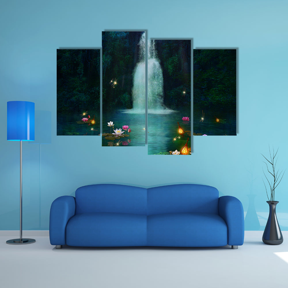 Waterfall with Lotus and Lanterns Canvas Wall Art