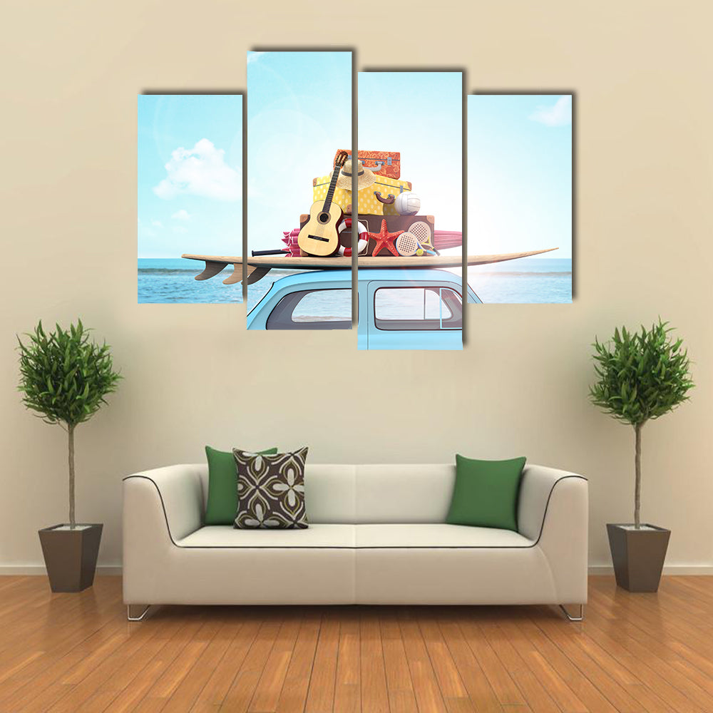 Vintage Beach Car with Surfboard Canvas Wall Art