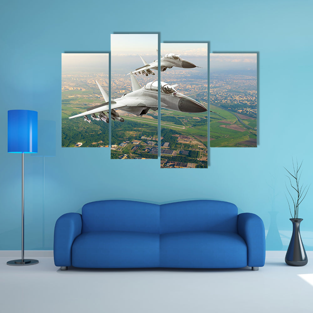Twin Fighter Jets Over Airfield Canvas Wall Art
