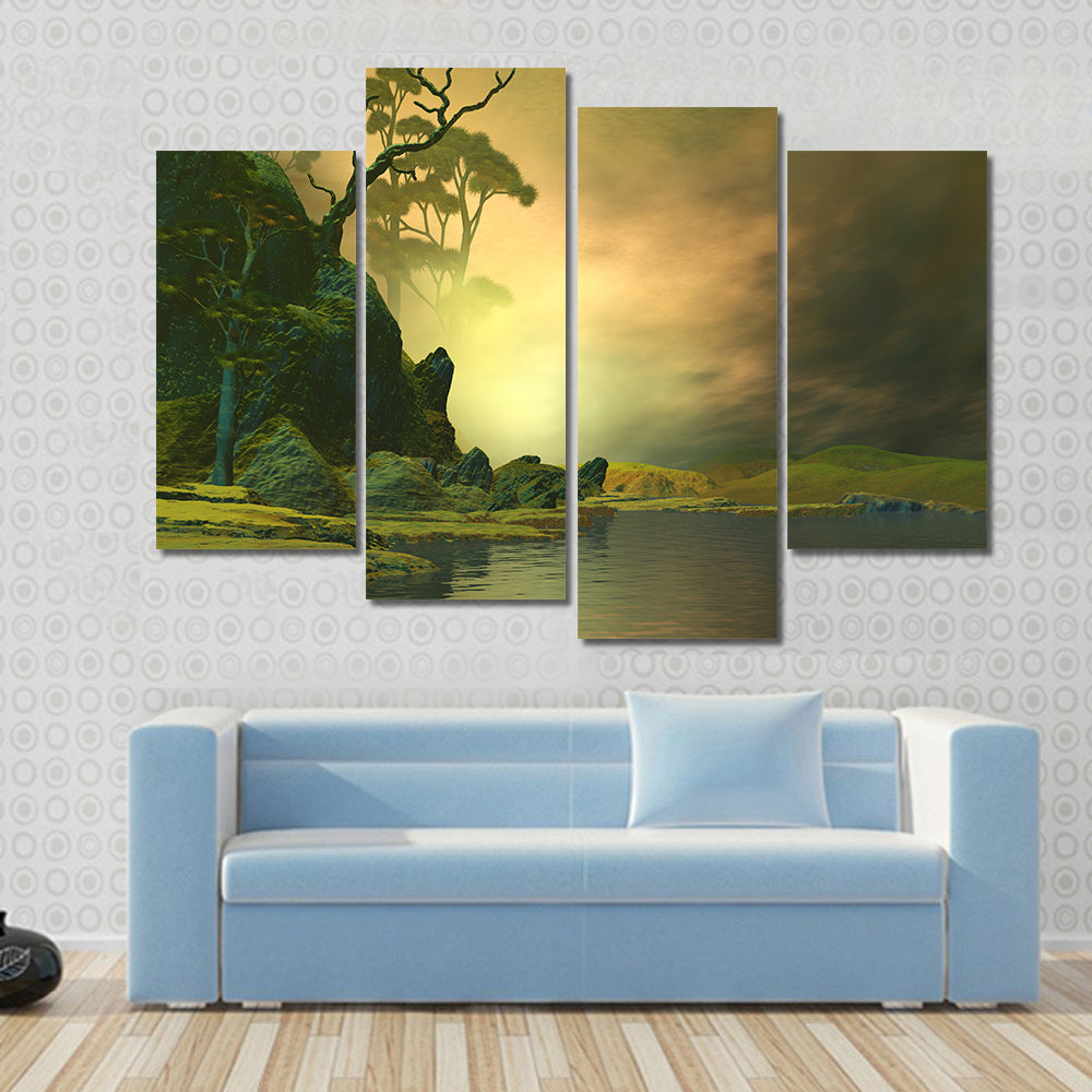 Misty Mountain Lake with Twisted Tree Canvas Wall Art