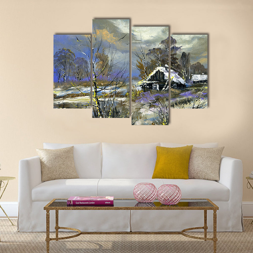 Snow-covered Cabin by the Lake Canvas Wall Art