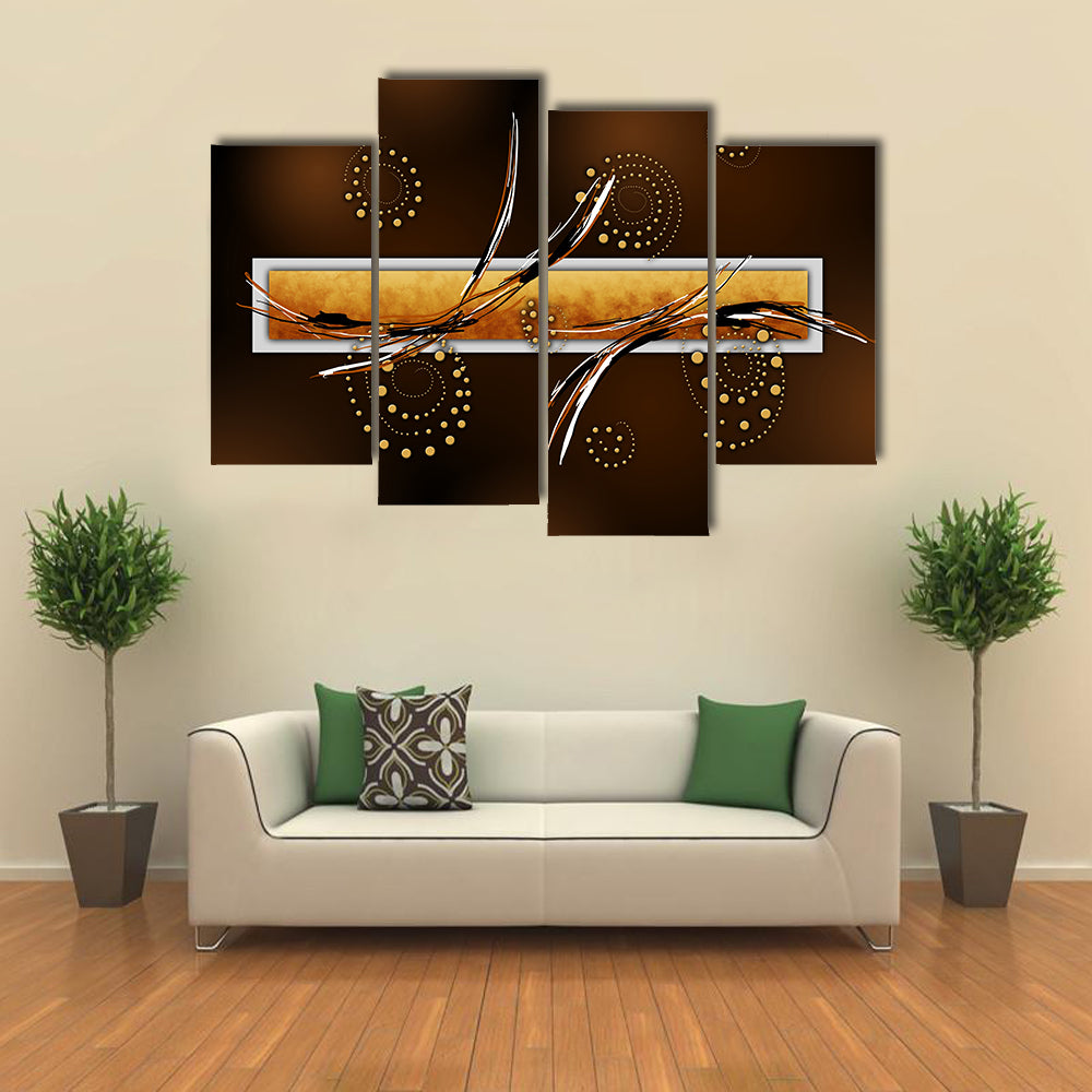 Ochre Rectangle with Gold Spiral Dots Canvas Wall Art