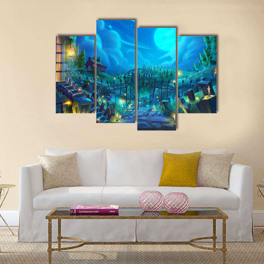 Moonlit Graveyard with Iron Gate Canvas Wall Art