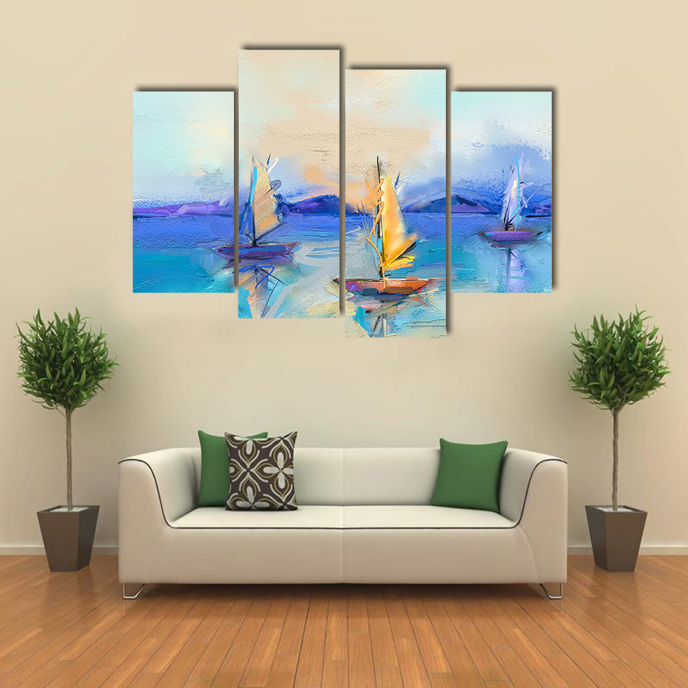 Textured Oil Seascape with Three Sailboats Canvas Wall Art