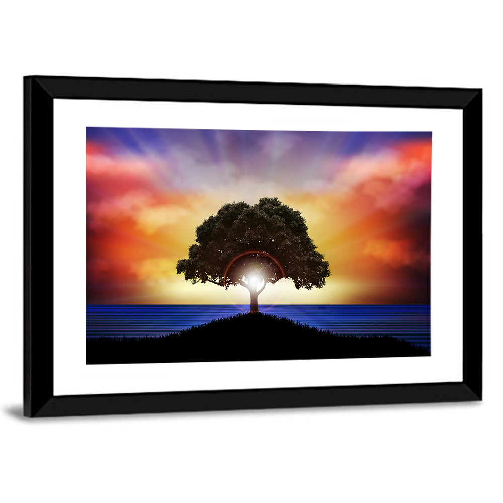 Lone Tree Silhouette at Sunset Canvas Wall Art