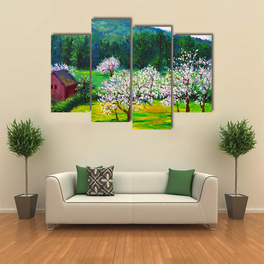 Plum Blossom Orchard with Red Barn Canvas Wall Art