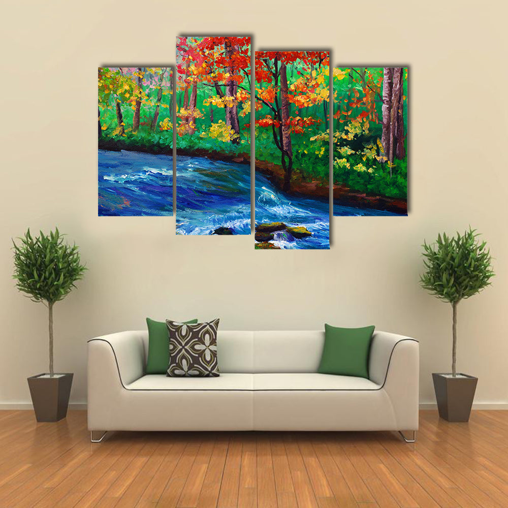 Autumn Maple by Flowing Stream Canvas Wall Art