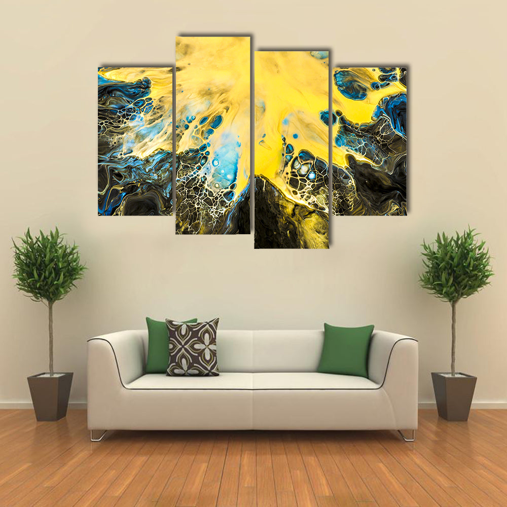 Acrylic Pour Abstract in Gold and Blue Canvas Wall Art
