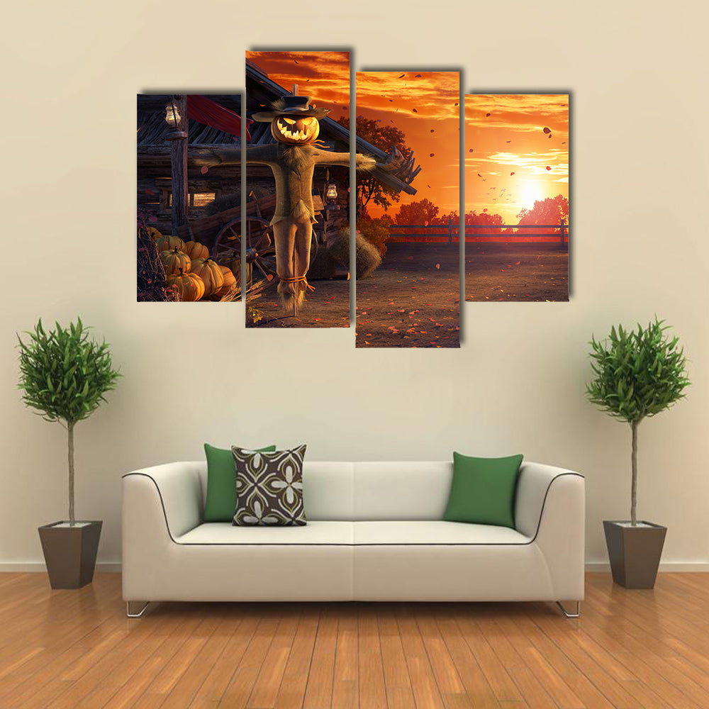 Pumpkin Scarecrow at Autumn Sunset Canvas Wall Art