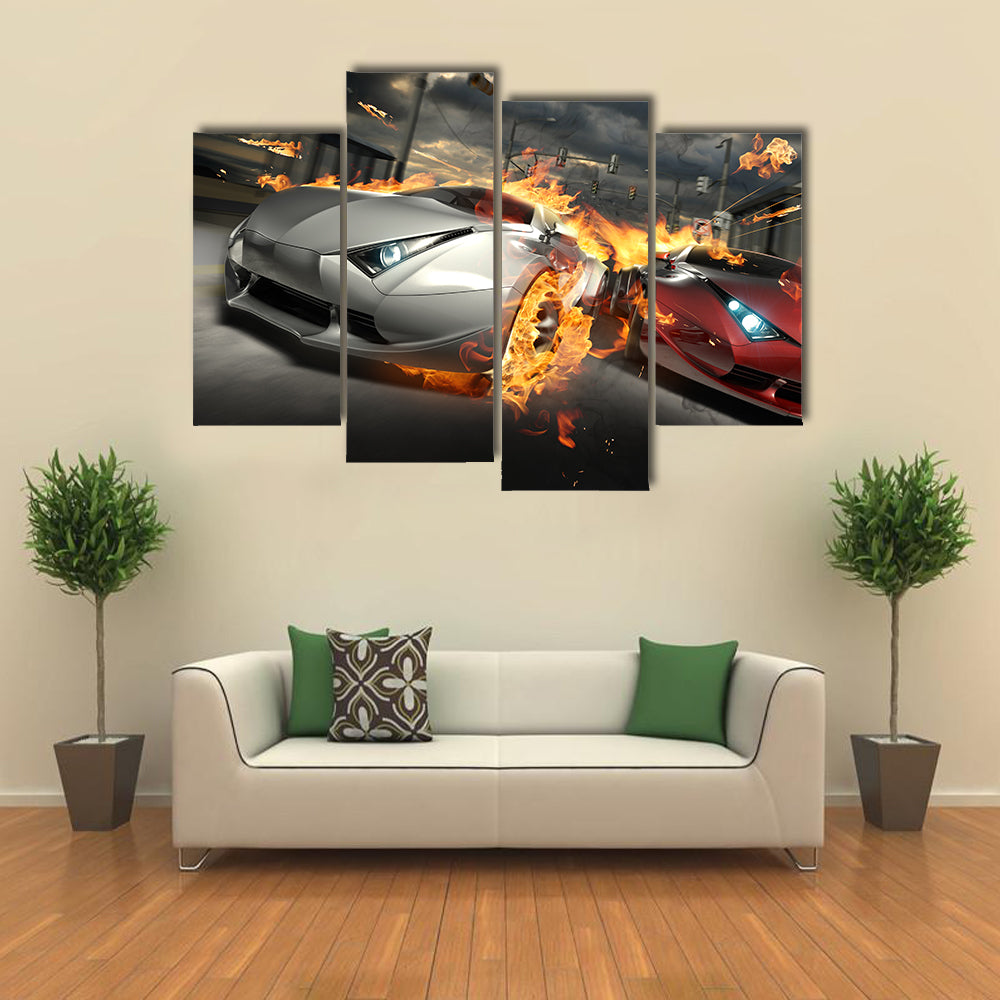 Futuristic Street Car Chase Canvas Wall Art