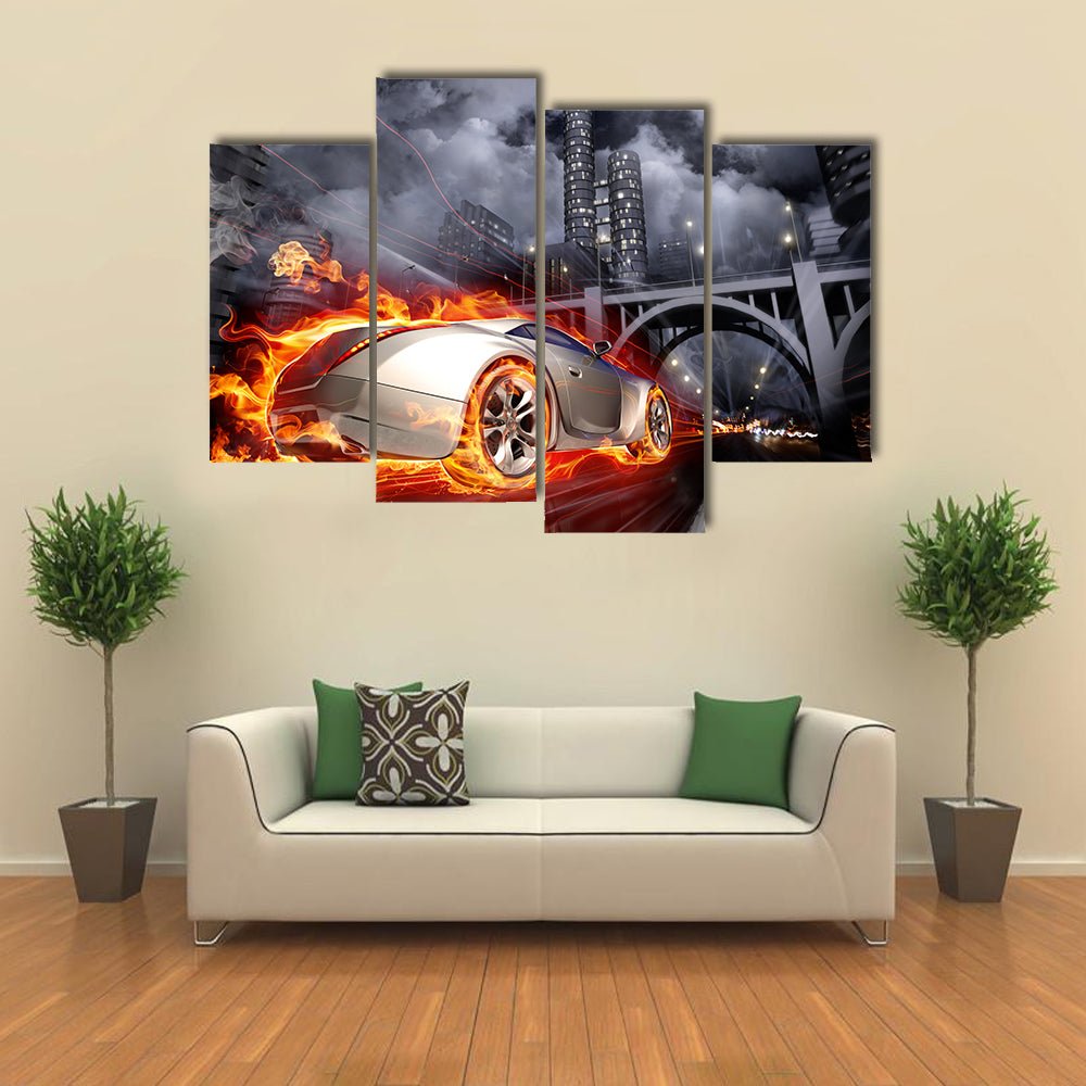 Flaming Sports Car at Night Canvas Wall Art