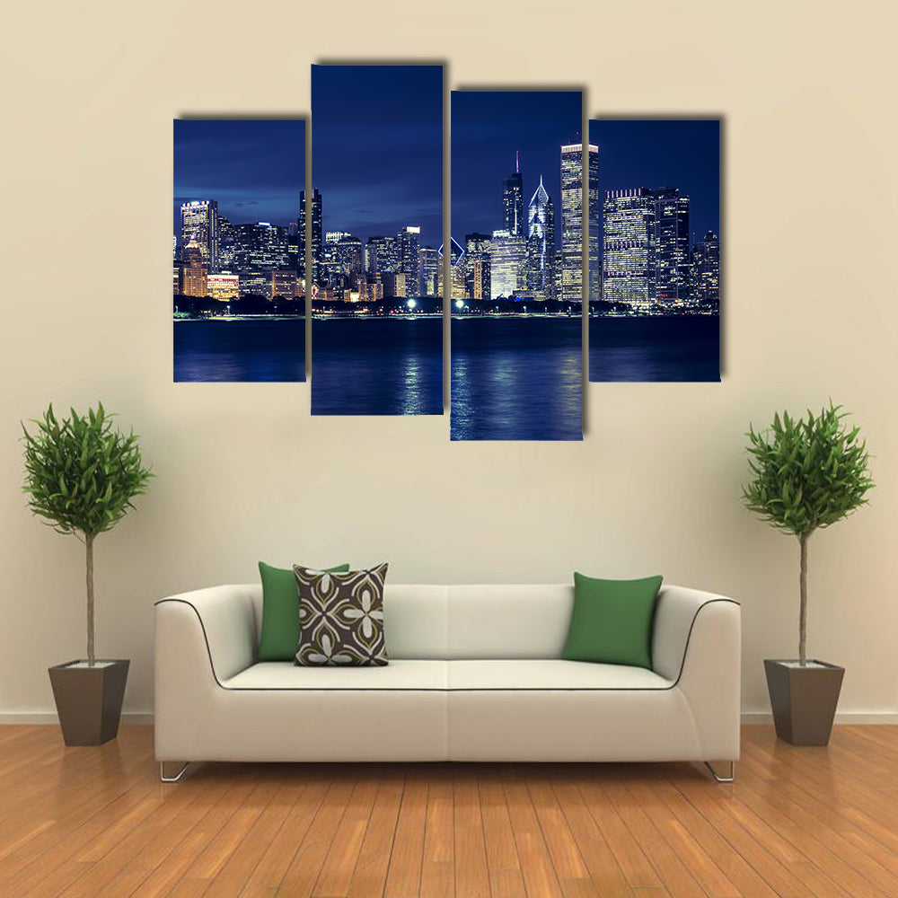 Chicago Skyline By Night Canvas Wall Art