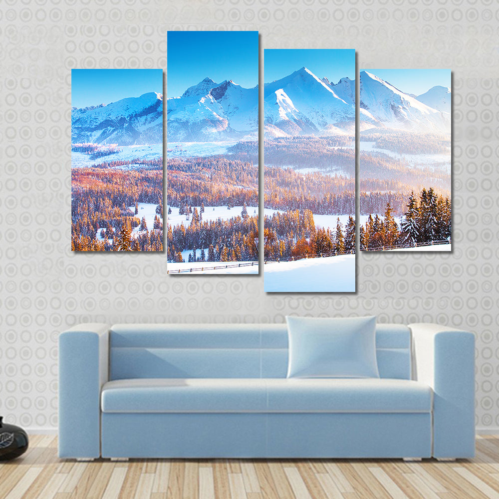 Snowy Mountain Peaks In Frosty Morning Canvas Wall Art