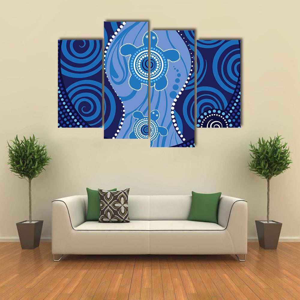 Blue Aboriginal Sea Turtles Dot Painting Canvas Wall Art