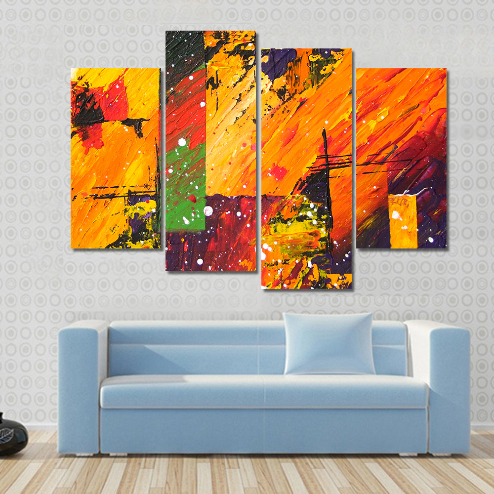 Energetic Orange Abstract with Green Block Canvas Wall Art