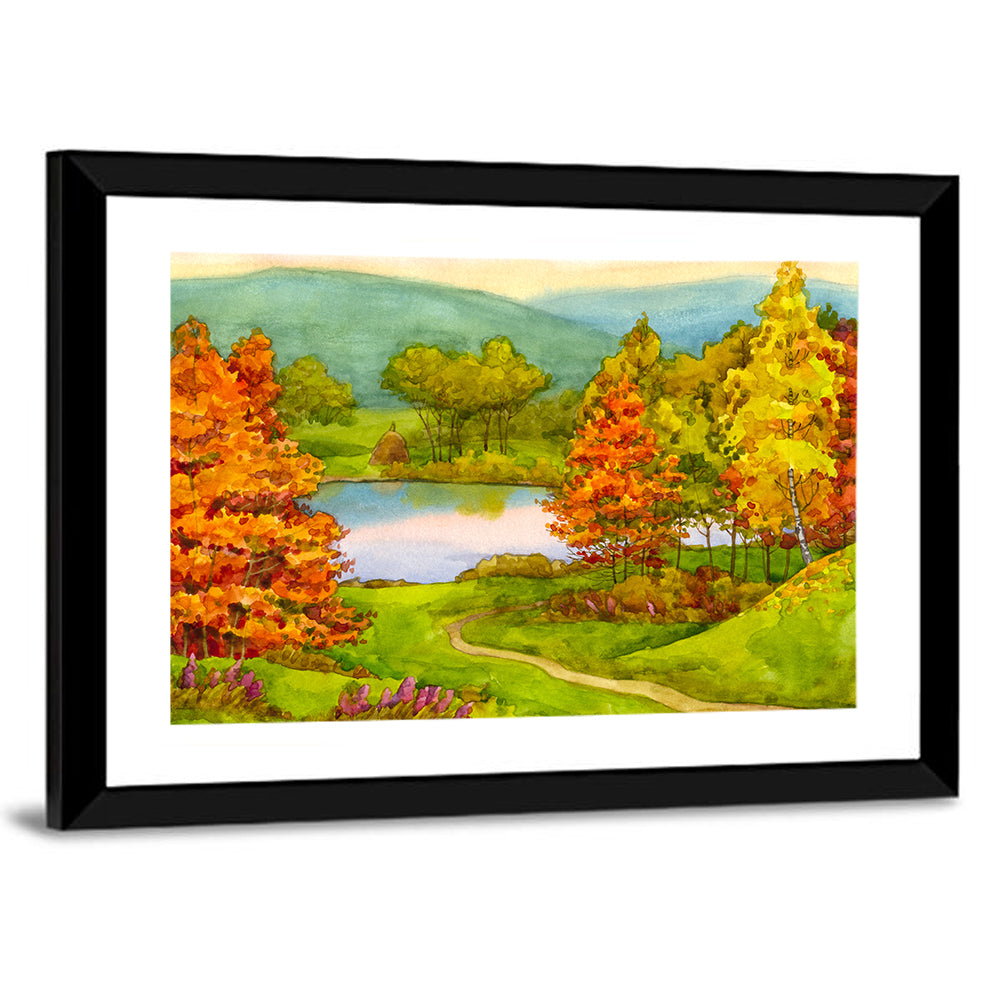 Autumn Lake with Winding Path Canvas Wall Art