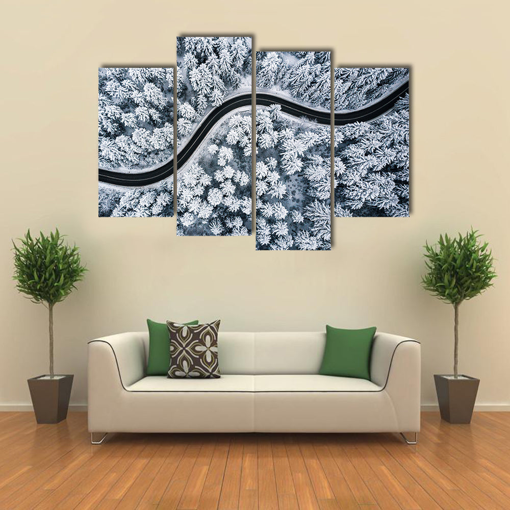 Curvy Windy Road In Snow Covered Forest Canvas Wall Art