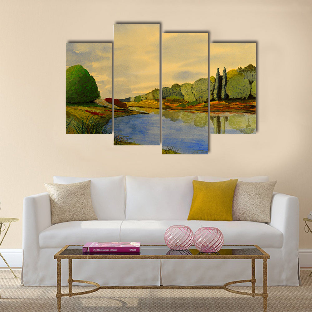 Golden River Bend Watercolor Canvas Wall Art