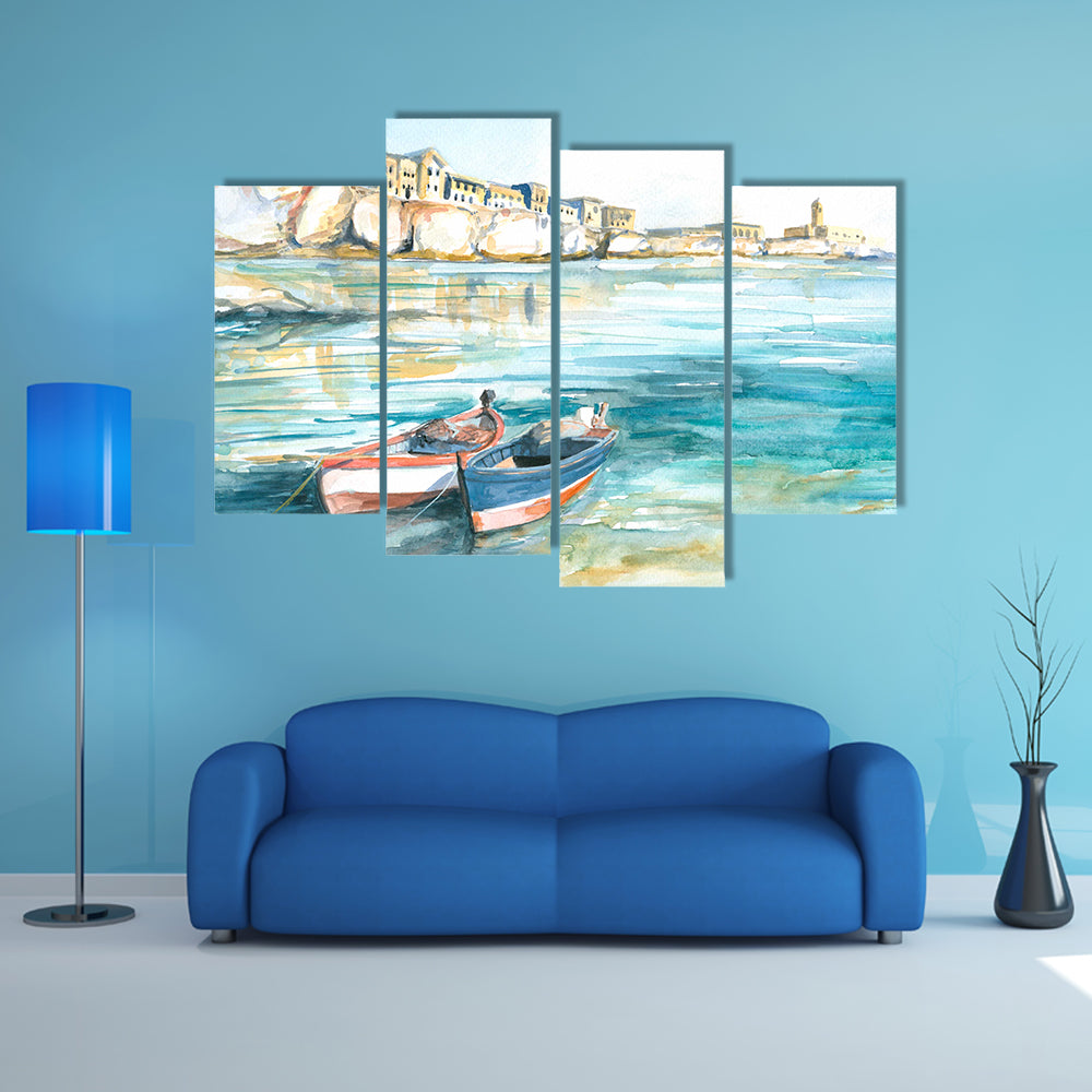 Two Rowboats in Sunny Coastal Watercolor Canvas Wall Art