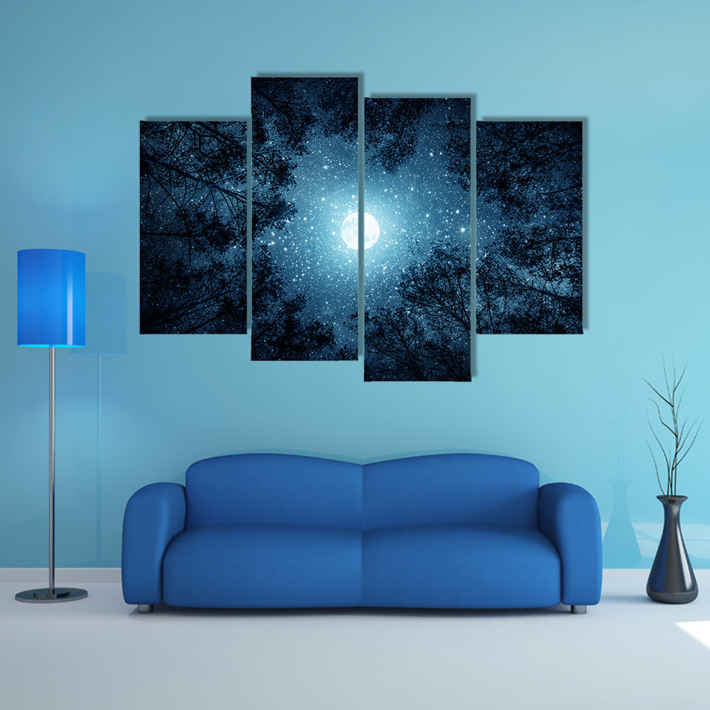 Milky Way And Moon From Forest Trees Canvas Wall Art